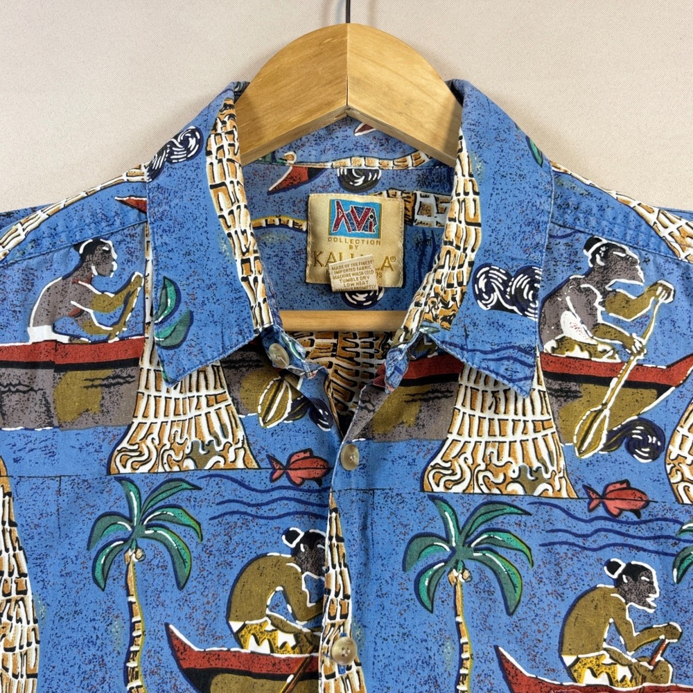 Vintage Kahala Avi Collection Shirt Mens Large Blue Canoe Palm Tree Hawaiian Art